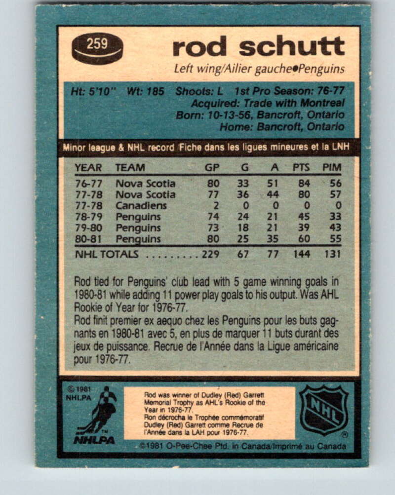 1981-82 O-Pee-Chee #259 Rod Schutt Pittsburgh Penguins V31323