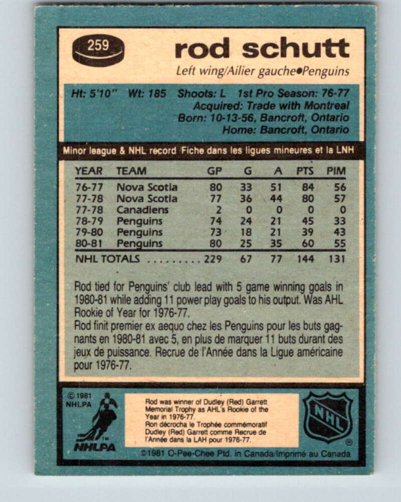 1981-82 O-Pee-Chee #259 Rod Schutt Pittsburgh Penguins V31324
