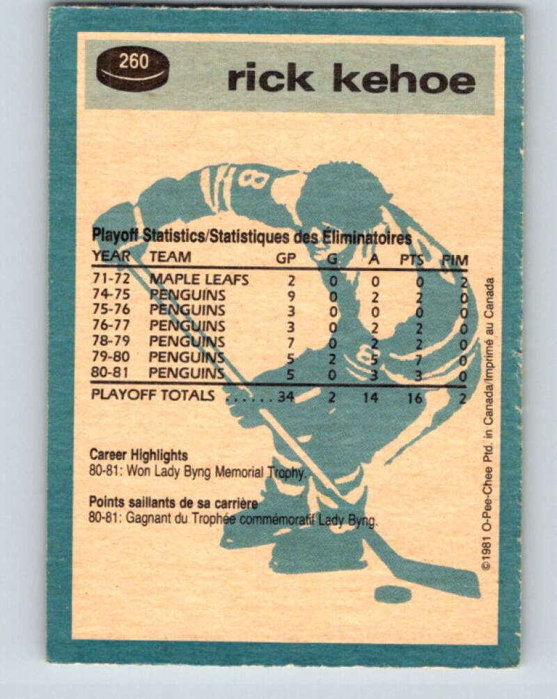 1981-82 O-Pee-Chee #260 Rick Kehoe Pittsburgh Penguins V31329