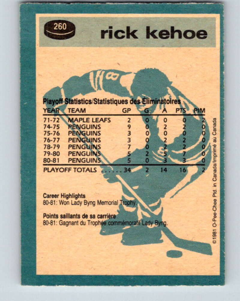 1981-82 O-Pee-Chee #260 Rick Kehoe Pittsburgh Penguins V31330