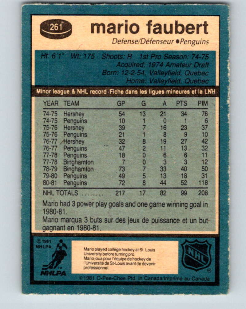 1981-82 O-Pee-Chee #261 Mario Faubert Pittsburgh Penguins V31336