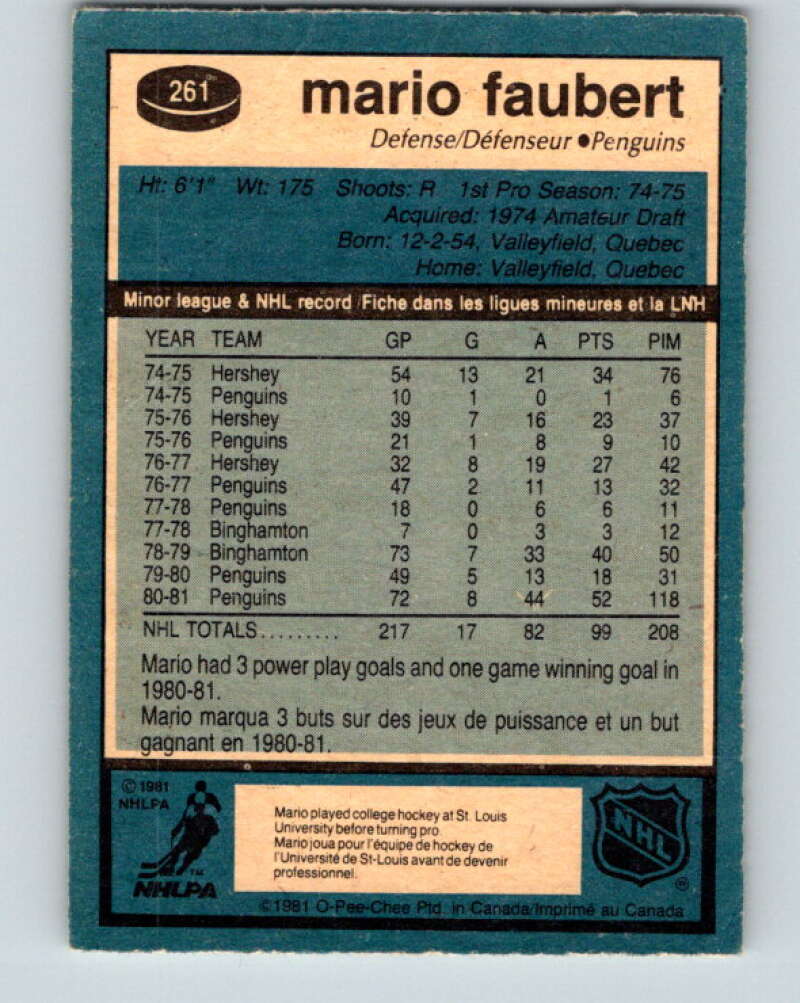 1981-82 O-Pee-Chee #261 Mario Faubert Pittsburgh Penguins V31337