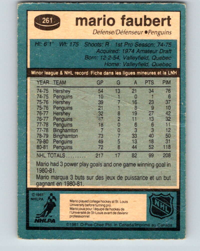 1981-82 O-Pee-Chee #261 Mario Faubert Pittsburgh Penguins V31339