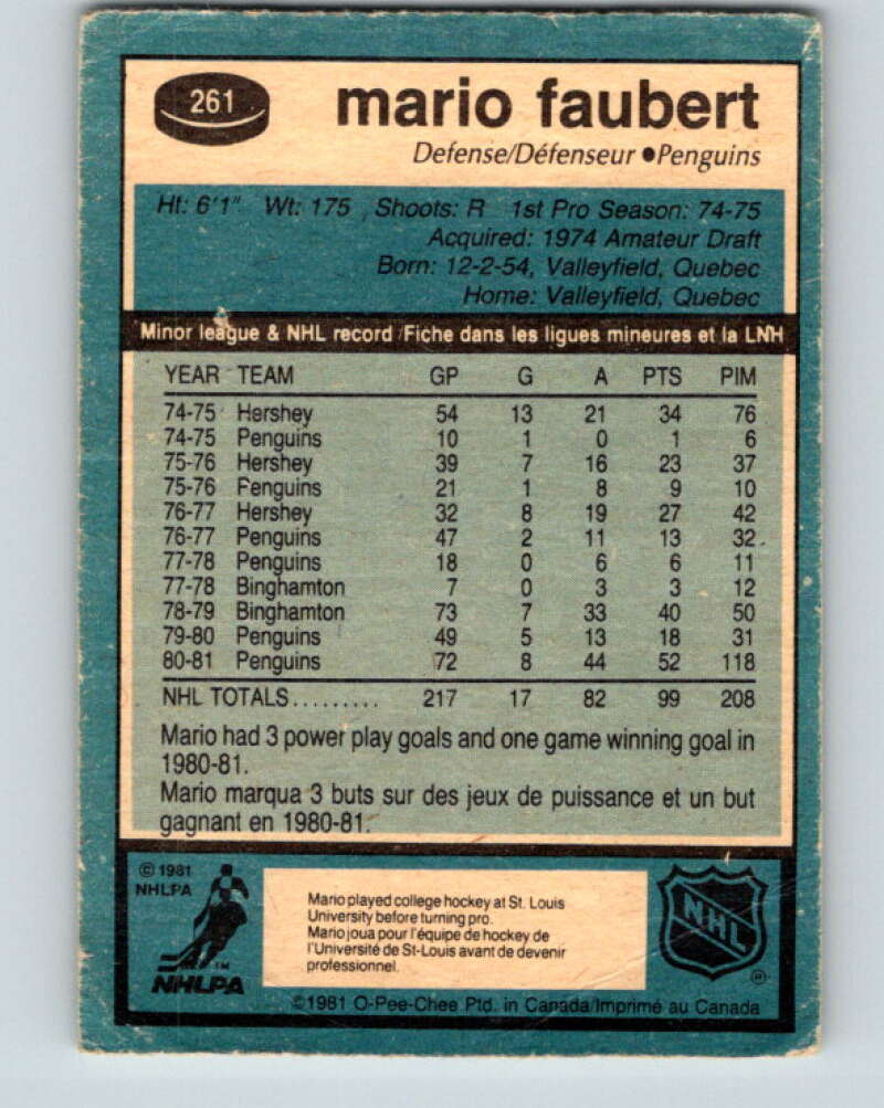 1981-82 O-Pee-Chee #261 Mario Faubert Pittsburgh Penguins V31340
