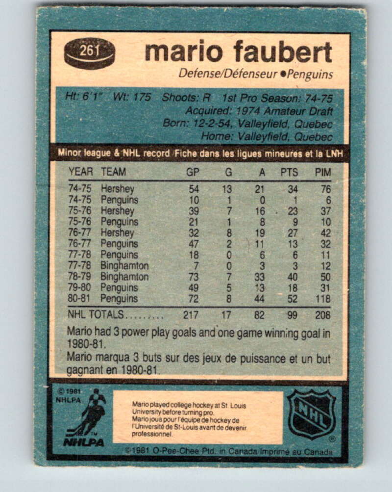 1981-82 O-Pee-Chee #261 Mario Faubert Pittsburgh Penguins V31341