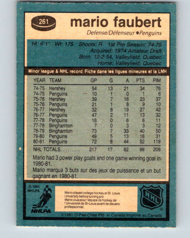 1981-82 O-Pee-Chee #261 Mario Faubert Pittsburgh Penguins V31342