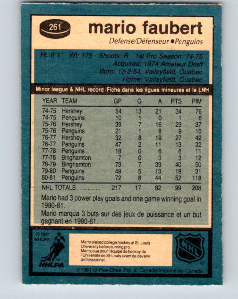 1981-82 O-Pee-Chee #261 Mario Faubert Pittsburgh Penguins V31344