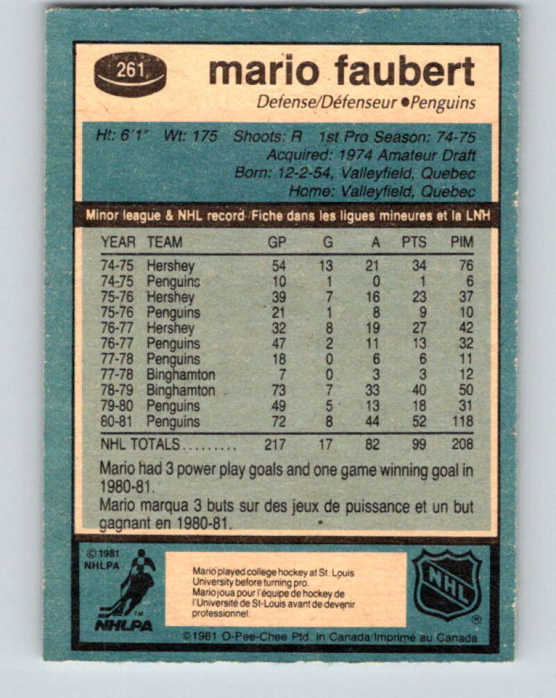 1981-82 O-Pee-Chee #261 Mario Faubert Pittsburgh Penguins V31345