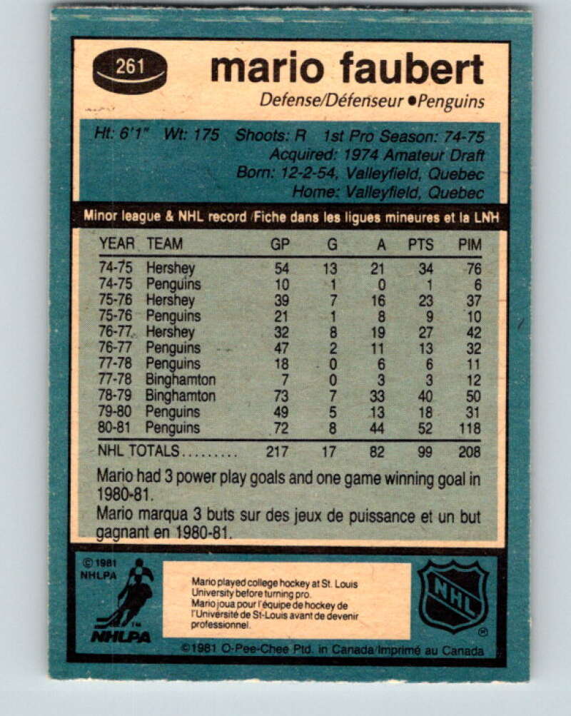 1981-82 O-Pee-Chee #261 Mario Faubert Pittsburgh Penguins V31346