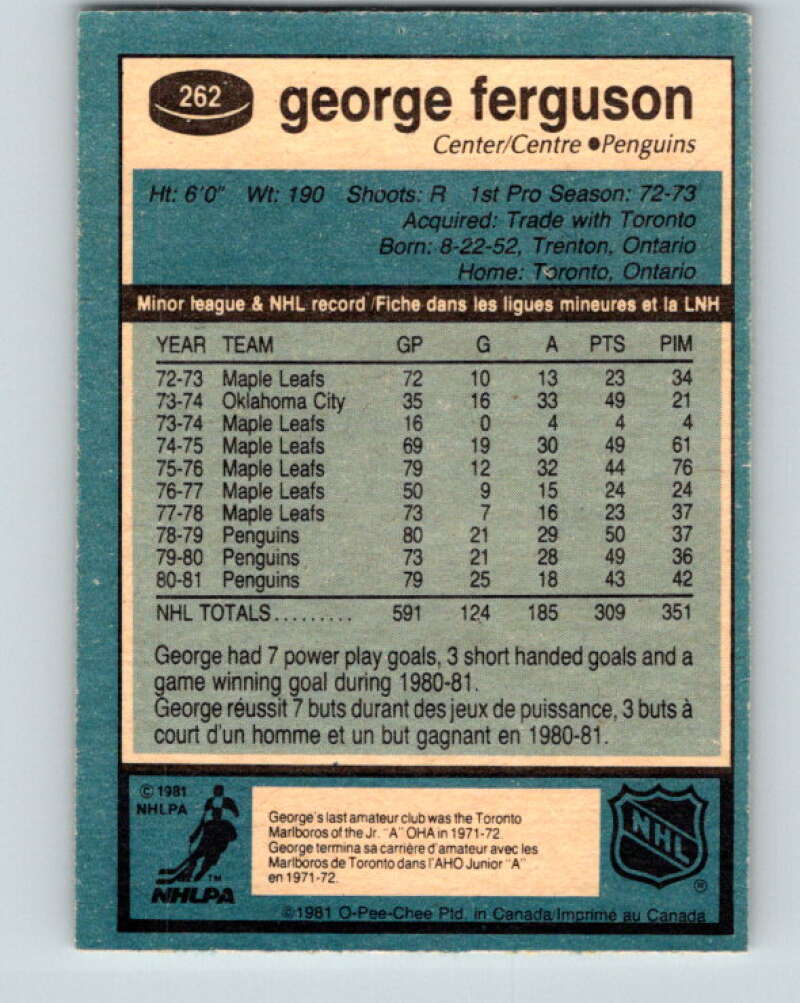 1981-82 O-Pee-Chee #262 George Ferguson Pittsburgh Penguins V31348