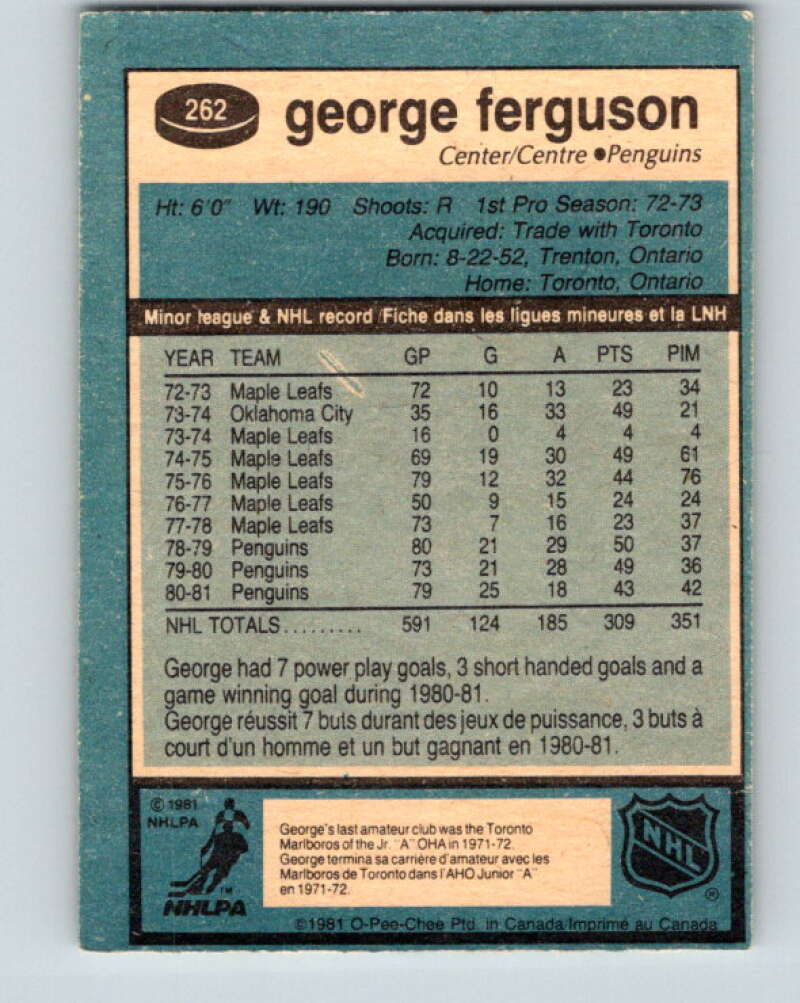 1981-82 O-Pee-Chee #262 George Ferguson Pittsburgh Penguins V31349