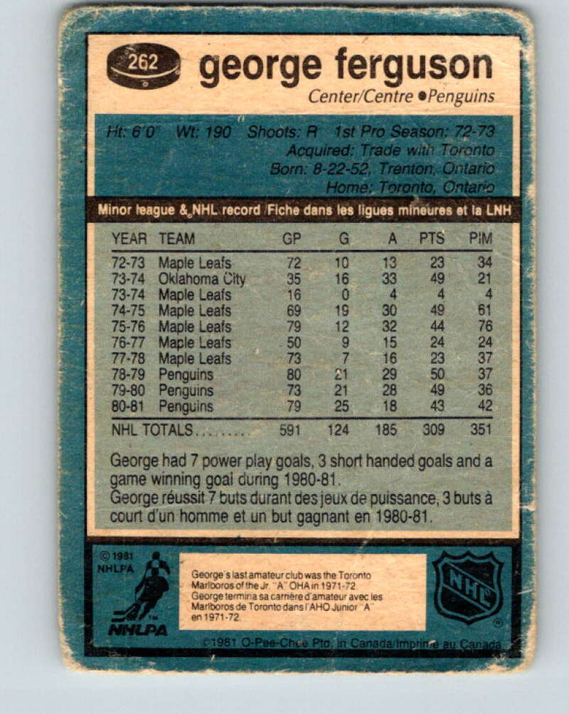 1981-82 O-Pee-Chee #262 George Ferguson Pittsburgh Penguins V31350