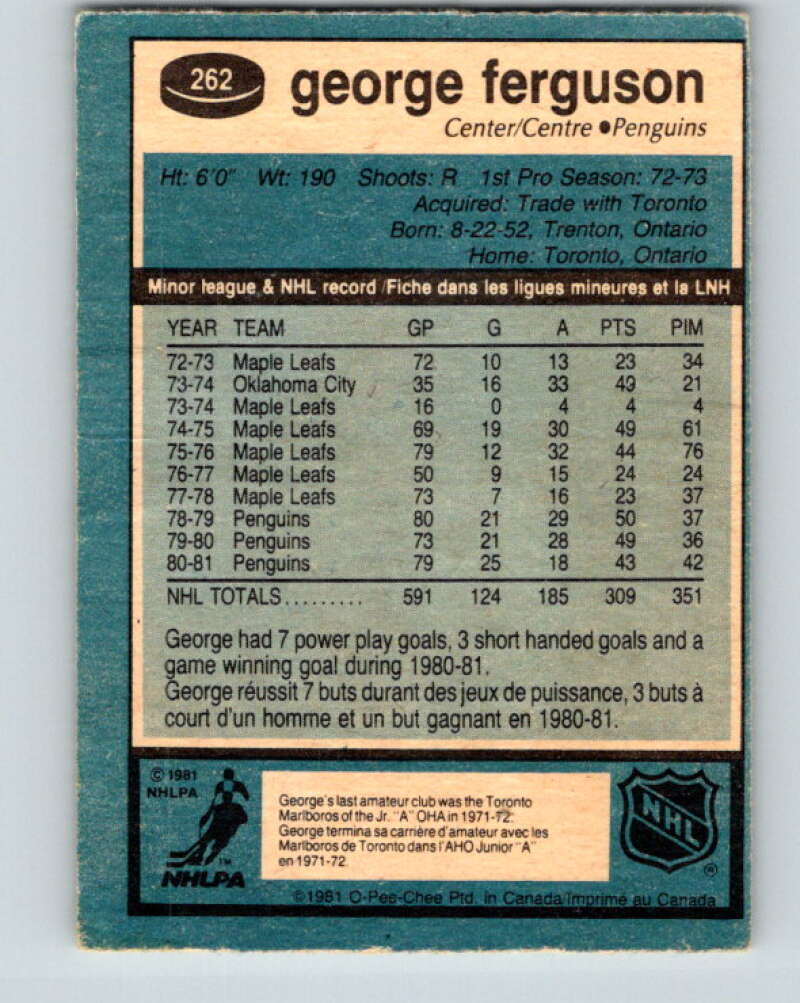 1981-82 O-Pee-Chee #262 George Ferguson Pittsburgh Penguins V31351