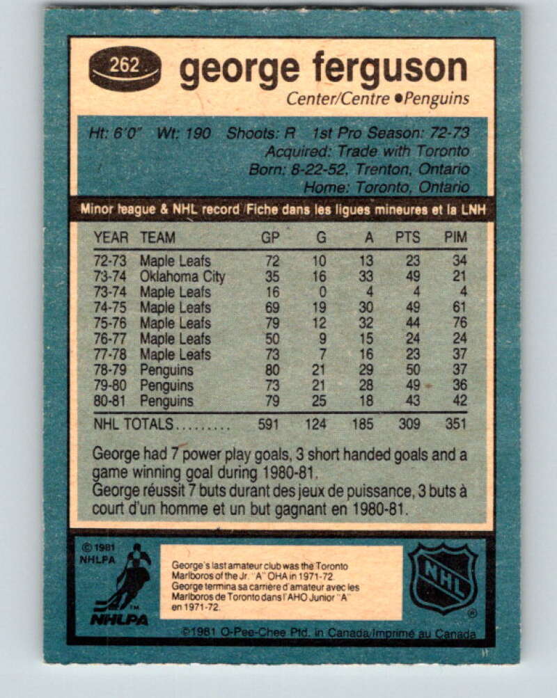 1981-82 O-Pee-Chee #262 George Ferguson Pittsburgh Penguins V31353