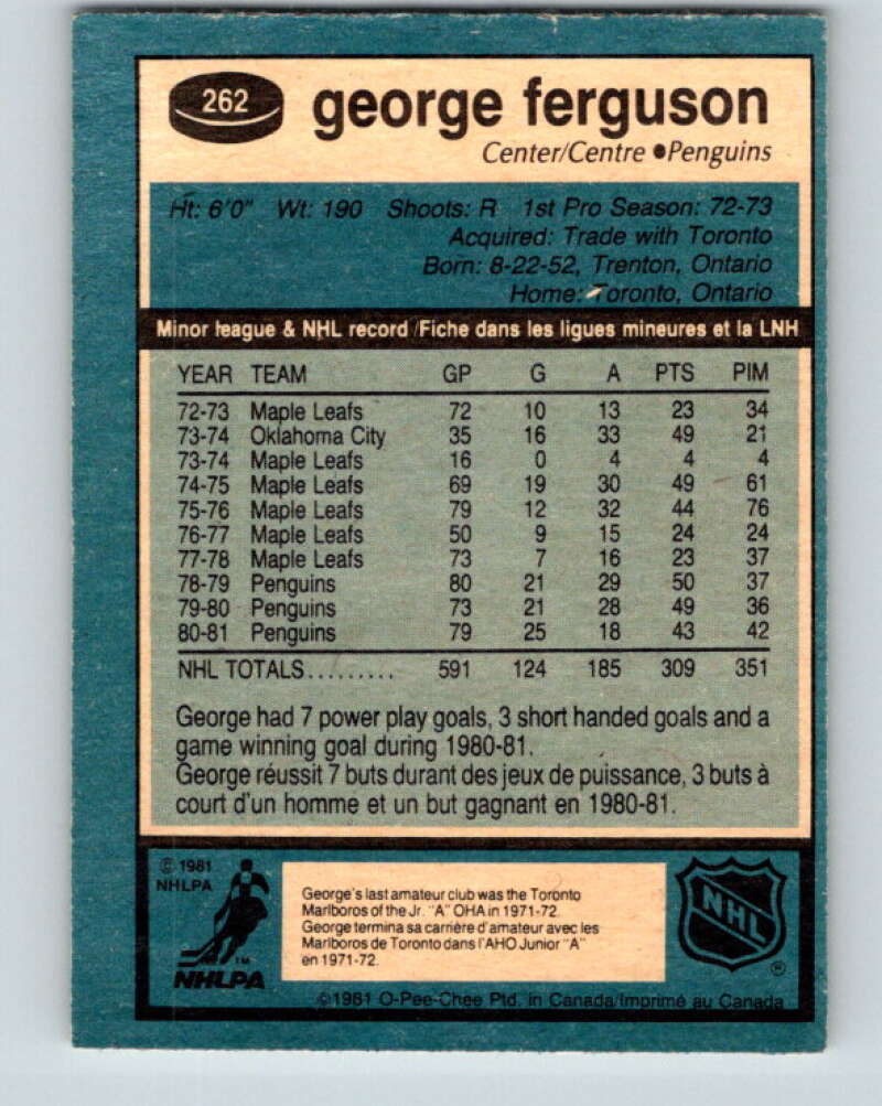 1981-82 O-Pee-Chee #262 George Ferguson Pittsburgh Penguins V31356