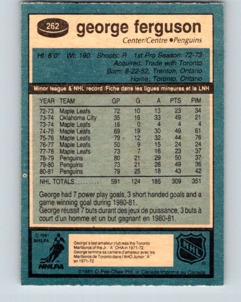 1981-82 O-Pee-Chee #262 George Ferguson Pittsburgh Penguins V31357