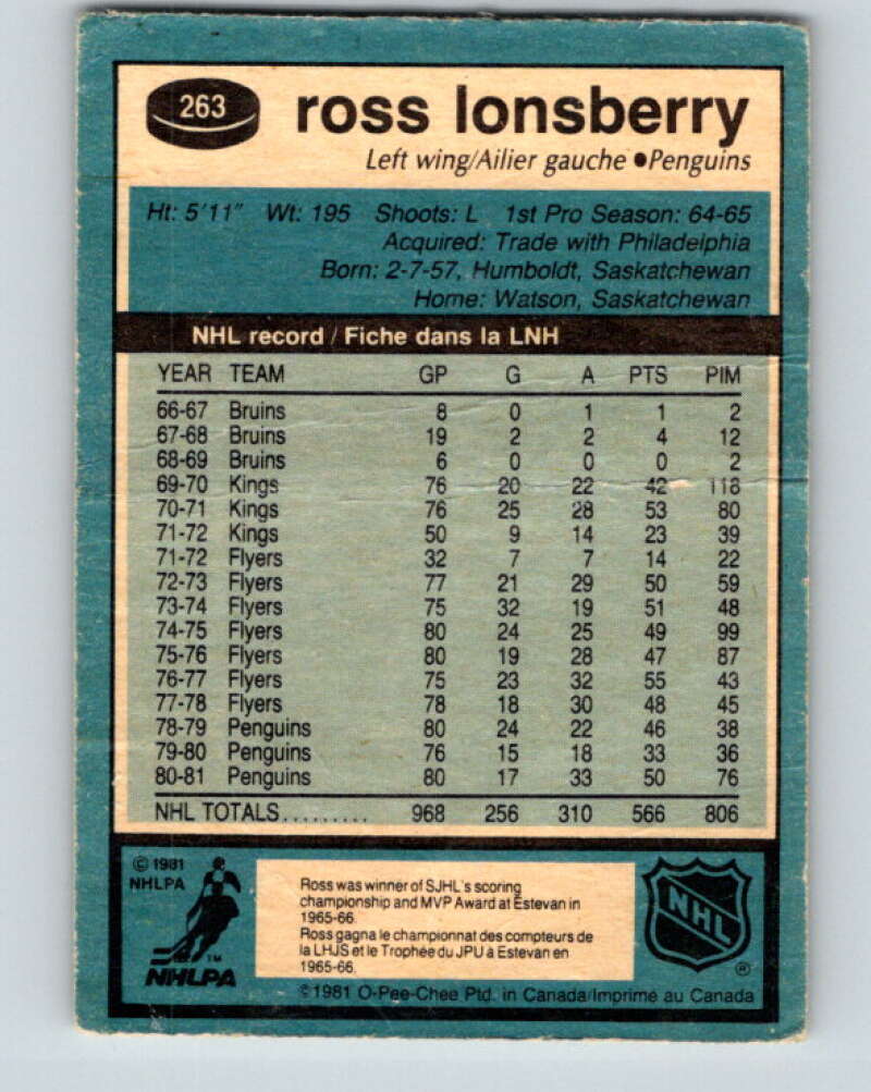1981-82 O-Pee-Chee #263 Ross Lonsberry Pittsburgh Penguins V31358