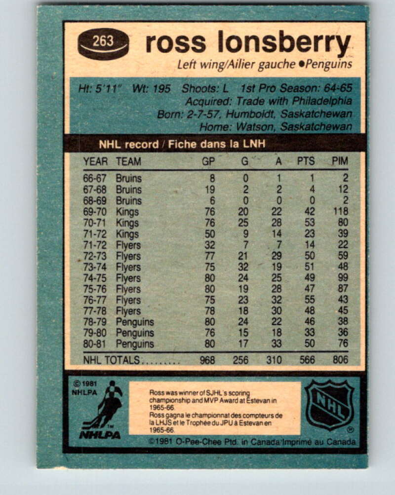 1981-82 O-Pee-Chee #263 Ross Lonsberry Pittsburgh Penguins V31359