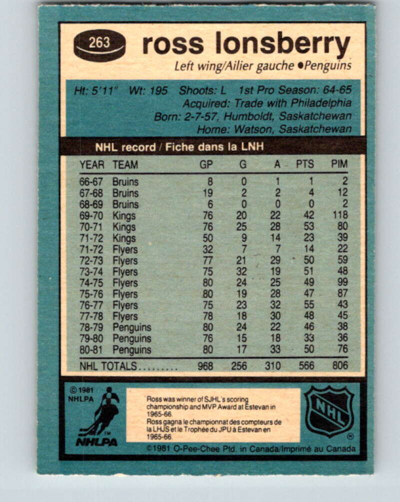 1981-82 O-Pee-Chee #263 Ross Lonsberry Pittsburgh Penguins V31360