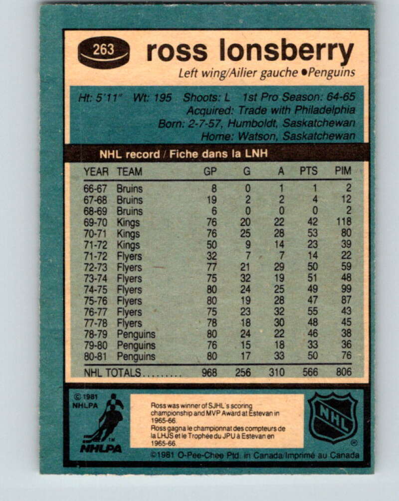 1981-82 O-Pee-Chee #263 Ross Lonsberry Pittsburgh Penguins V31361