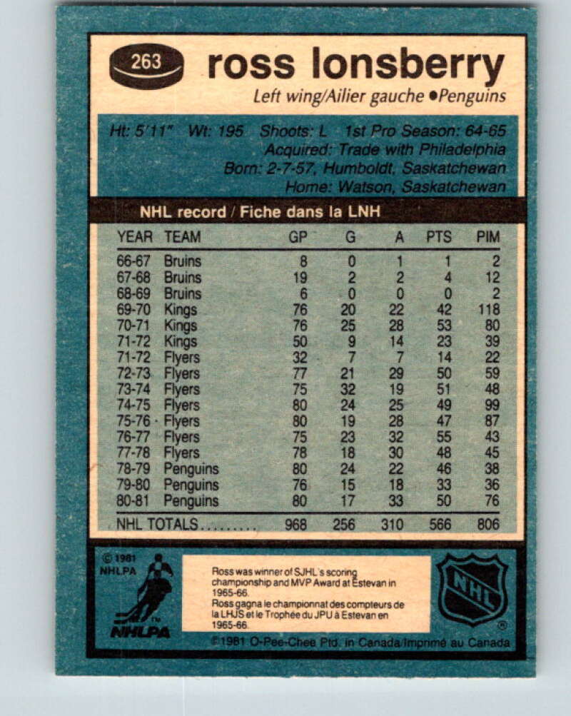 1981-82 O-Pee-Chee #263 Ross Lonsberry Pittsburgh Penguins V31363