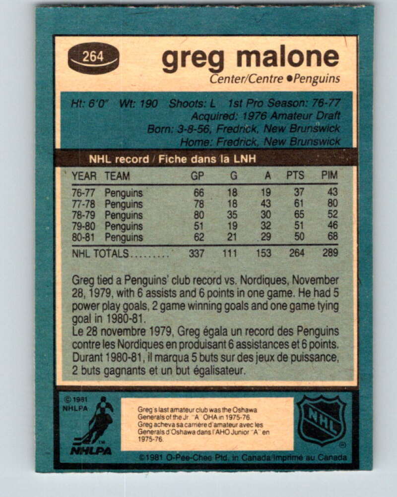 1981-82 O-Pee-Chee #264 Greg Malone Pittsburgh Penguins V31368