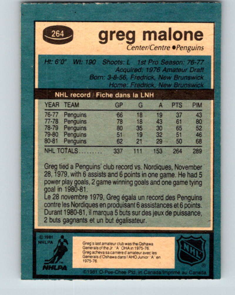 1981-82 O-Pee-Chee #264 Greg Malone Pittsburgh Penguins V31369