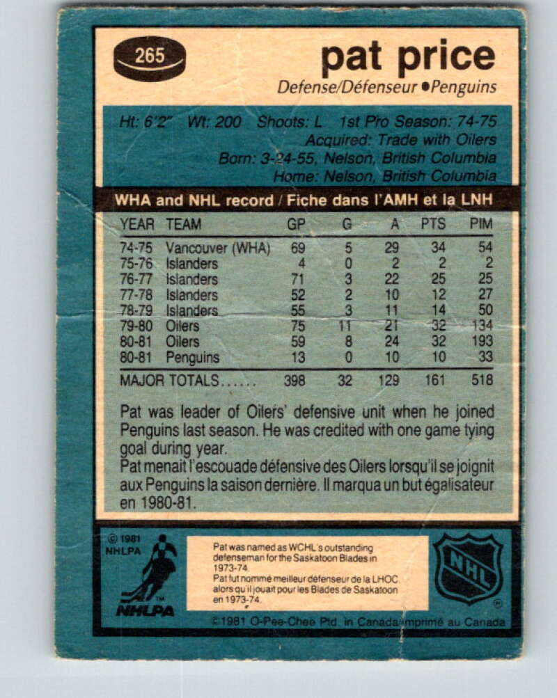 1981-82 O-Pee-Chee #265 Pat Price Pittsburgh Penguins V31373