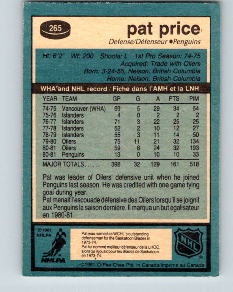 1981-82 O-Pee-Chee #265 Pat Price Pittsburgh Penguins V31376