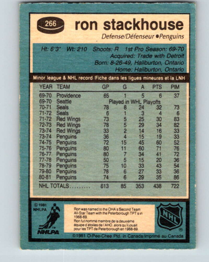 1981-82 O-Pee-Chee #266 Ron Stackhouse Pittsburgh Penguins V31377