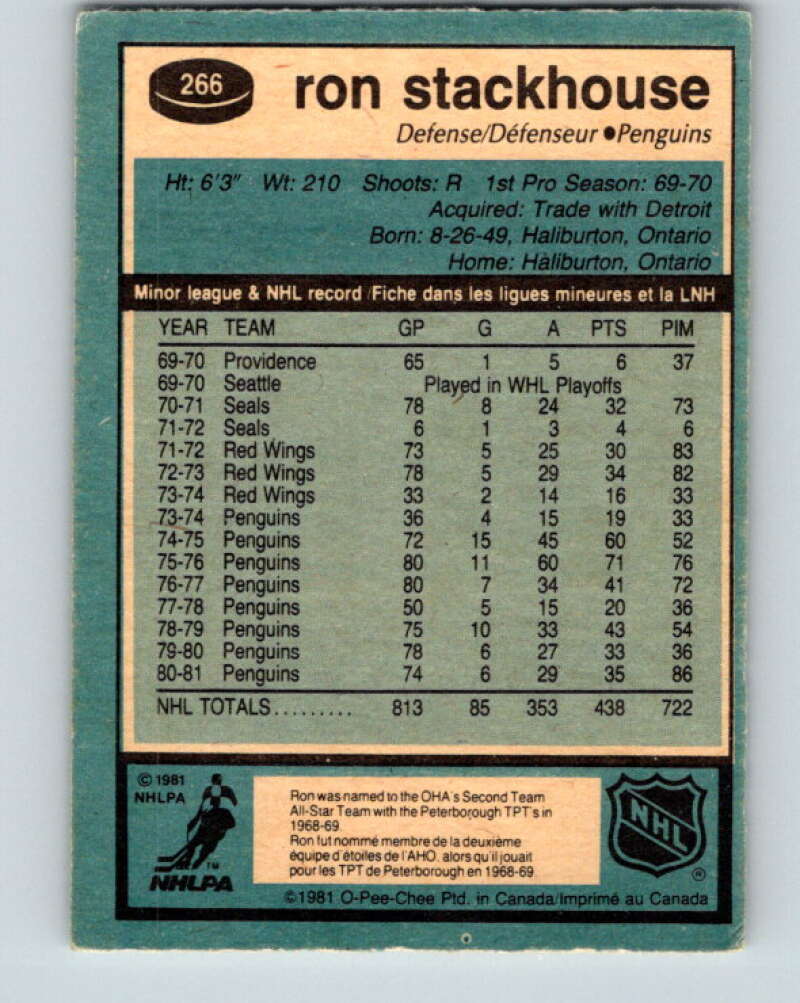 1981-82 O-Pee-Chee #266 Ron Stackhouse Pittsburgh Penguins V31378