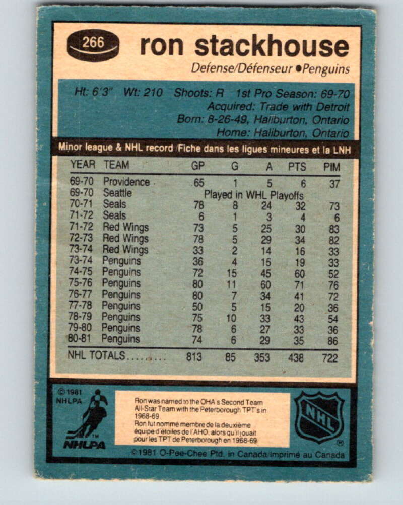 1981-82 O-Pee-Chee #266 Ron Stackhouse Pittsburgh Penguins V31380