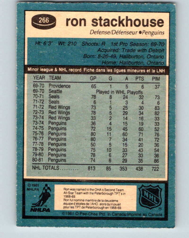1981-82 O-Pee-Chee #266 Ron Stackhouse Pittsburgh Penguins V31384