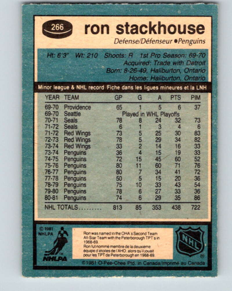 1981-82 O-Pee-Chee #266 Ron Stackhouse Pittsburgh Penguins V31385