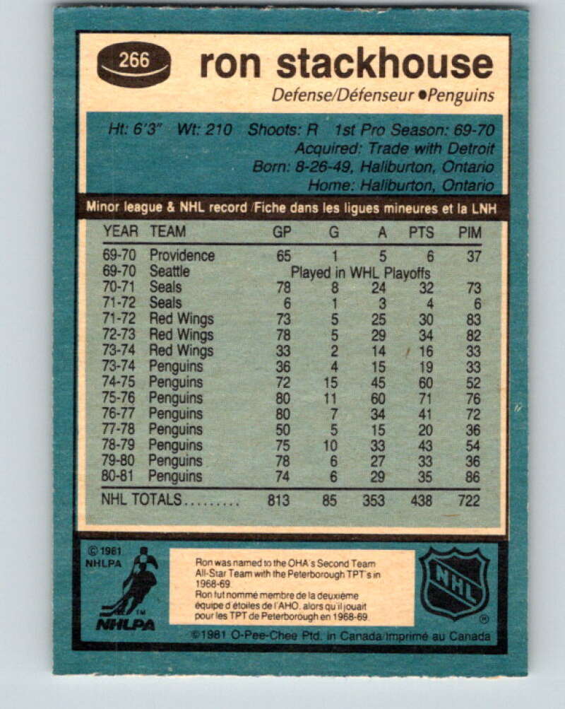 1981-82 O-Pee-Chee #266 Ron Stackhouse Pittsburgh Penguins V31388