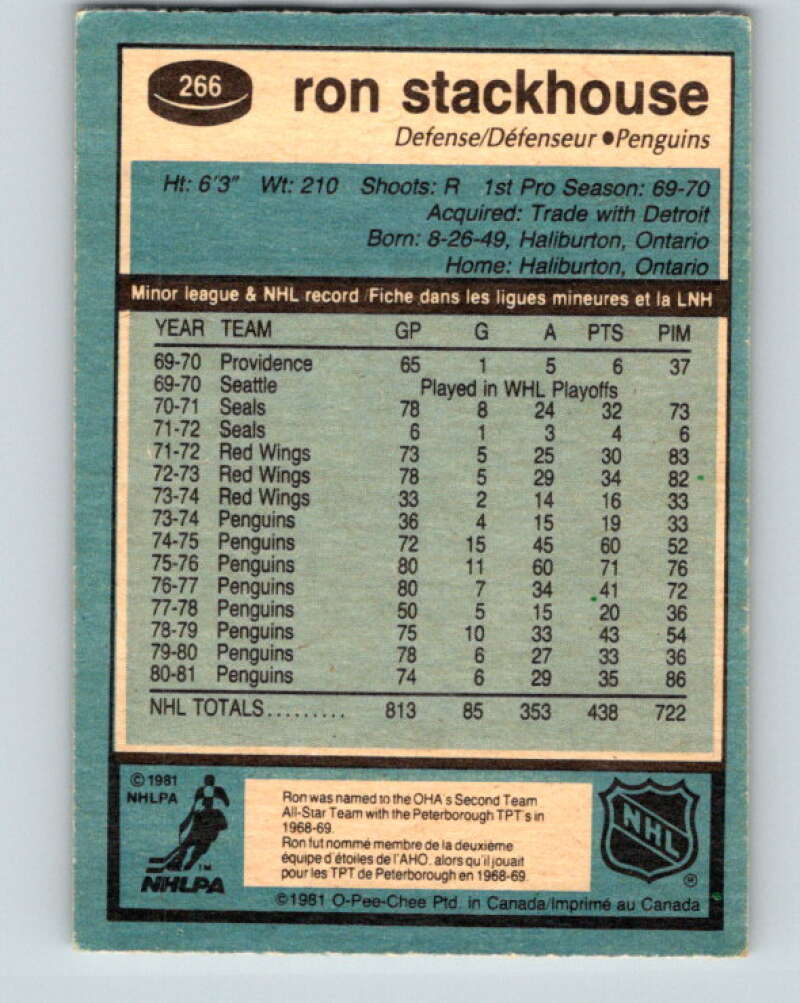 1981-82 O-Pee-Chee #266 Ron Stackhouse Pittsburgh Penguins V31390