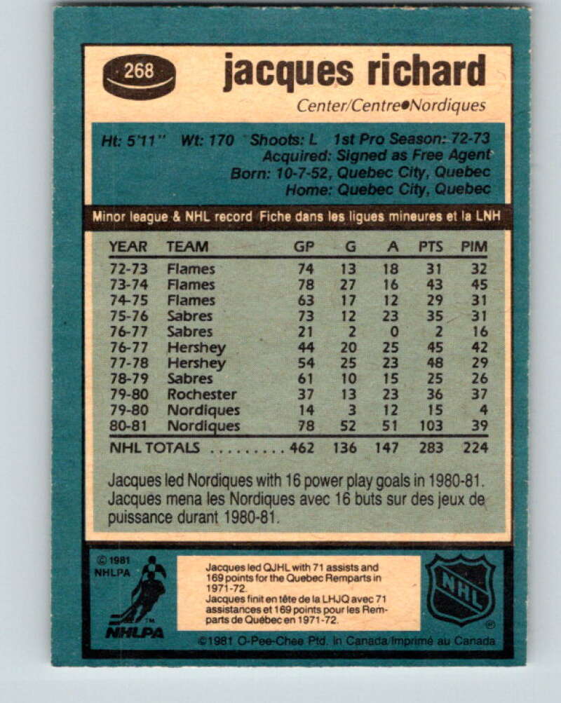 1981-82 O-Pee-Chee #268 Jacques Richard Quebec Nordiques V31401