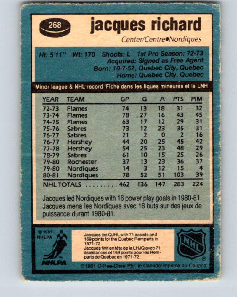 1981-82 O-Pee-Chee #268 Jacques Richard Quebec Nordiques V31403