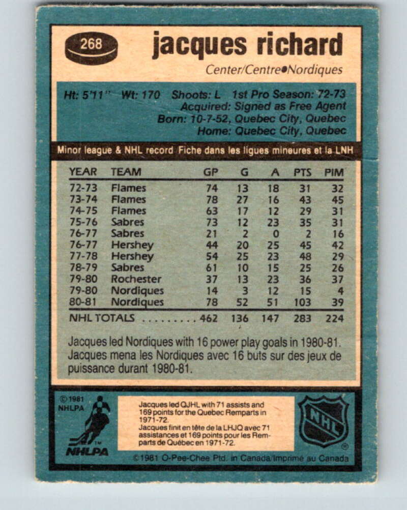 1981-82 O-Pee-Chee #268 Jacques Richard Quebec Nordiques V31404