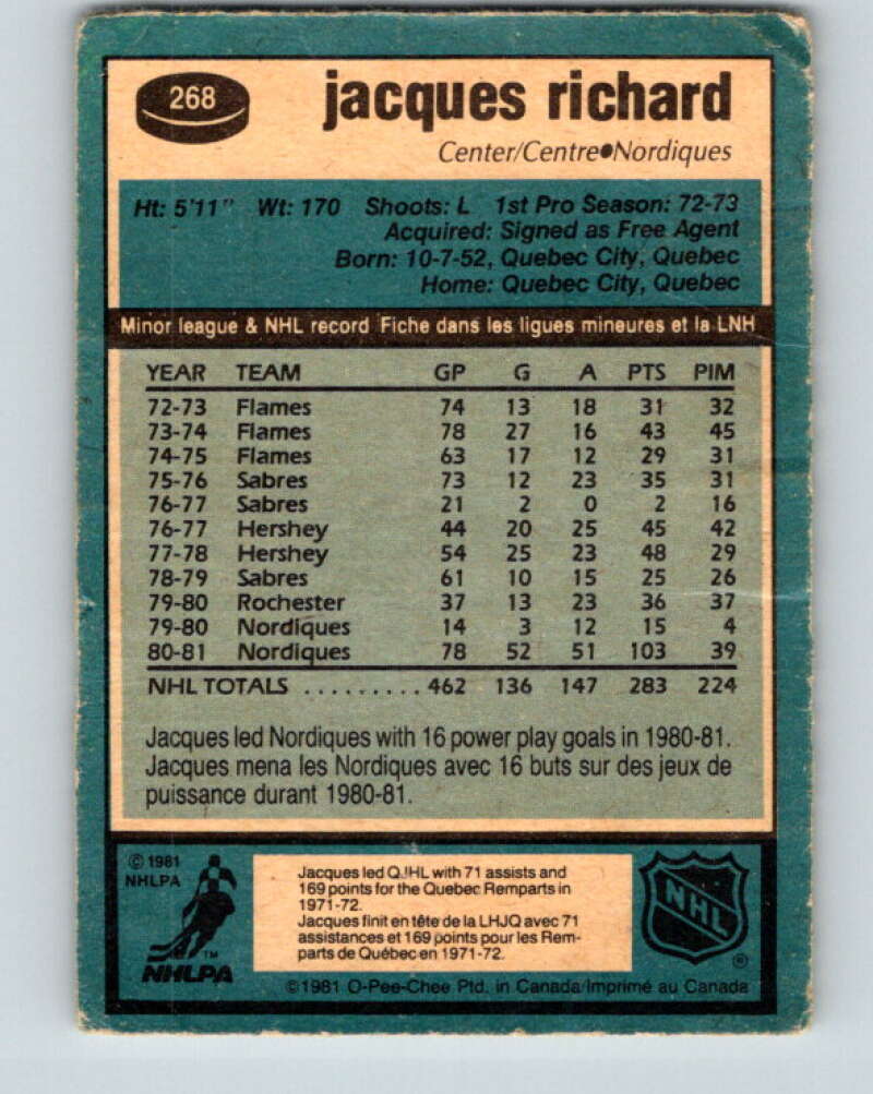 1981-82 O-Pee-Chee #268 Jacques Richard Quebec Nordiques V31405