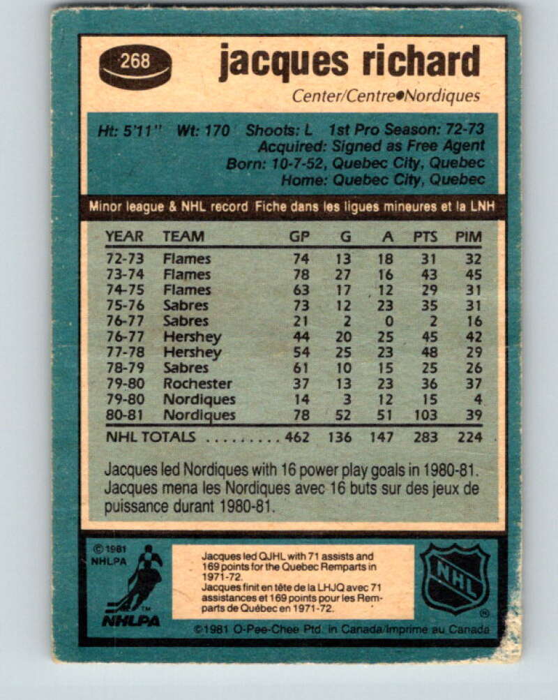 1981-82 O-Pee-Chee #268 Jacques Richard Quebec Nordiques V31406
