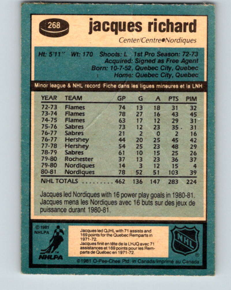 1981-82 O-Pee-Chee #268 Jacques Richard Quebec Nordiques V31407