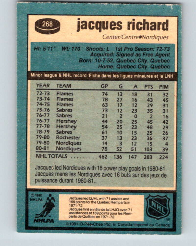 1981-82 O-Pee-Chee #268 Jacques Richard Quebec Nordiques V31408