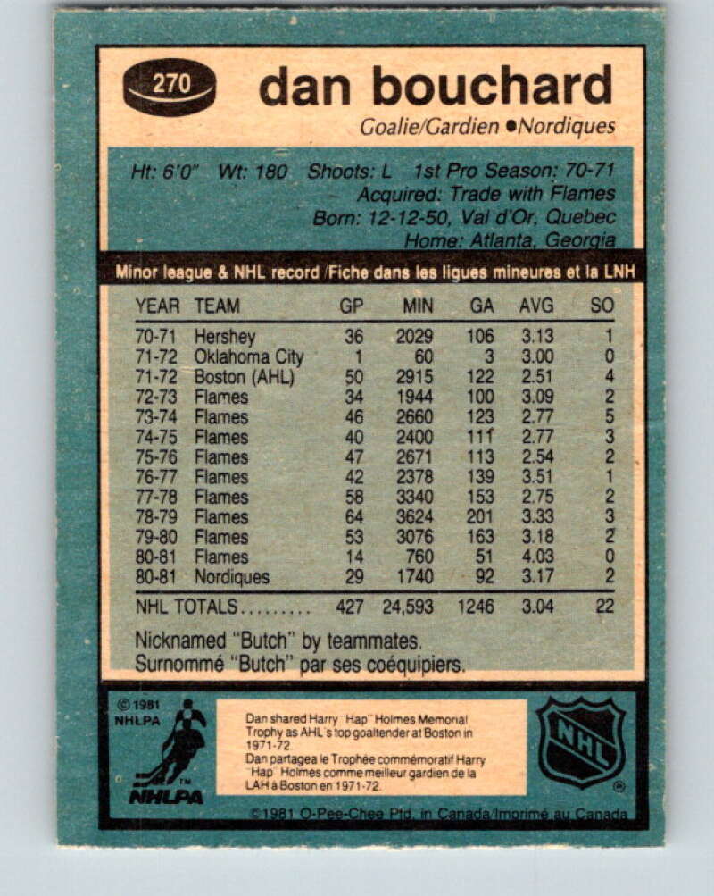 1981-82 O-Pee-Chee #270 Dan Bouchard Quebec Nordiques V31409