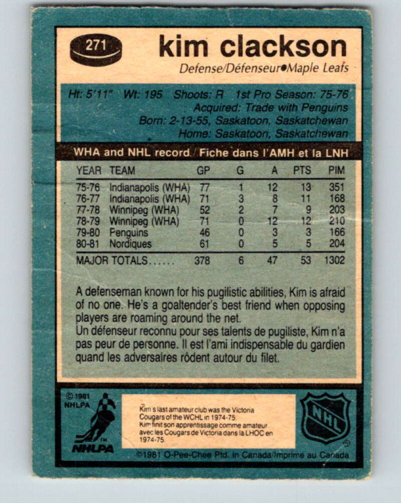 1981-82 O-Pee-Chee #271 Kim Clackson RC Rookie Maple Leafs V31413