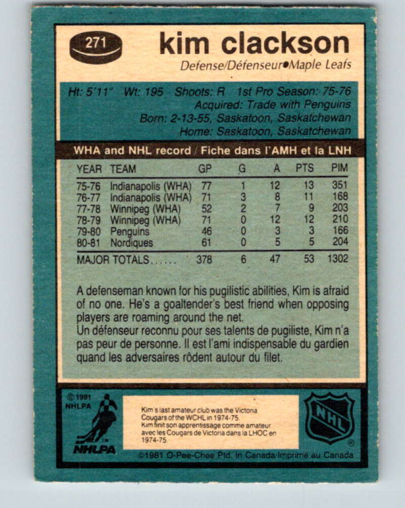 1981-82 O-Pee-Chee #271 Kim Clackson RC Rookie Maple Leafs V31415