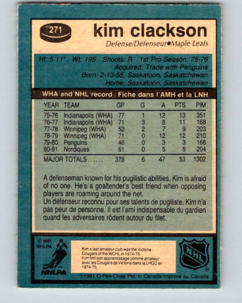 1981-82 O-Pee-Chee #271 Kim Clackson RC Rookie Maple Leafs V31416