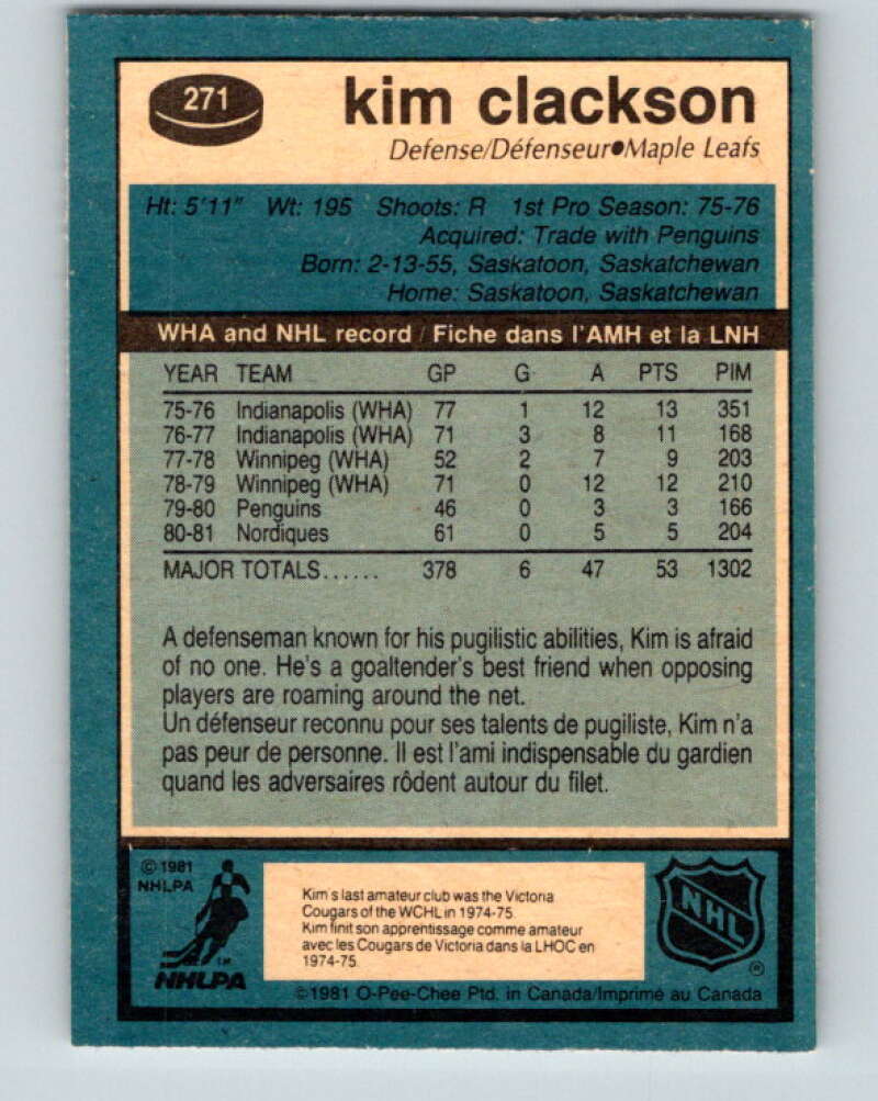 1981-82 O-Pee-Chee #271 Kim Clackson RC Rookie Maple Leafs V31418