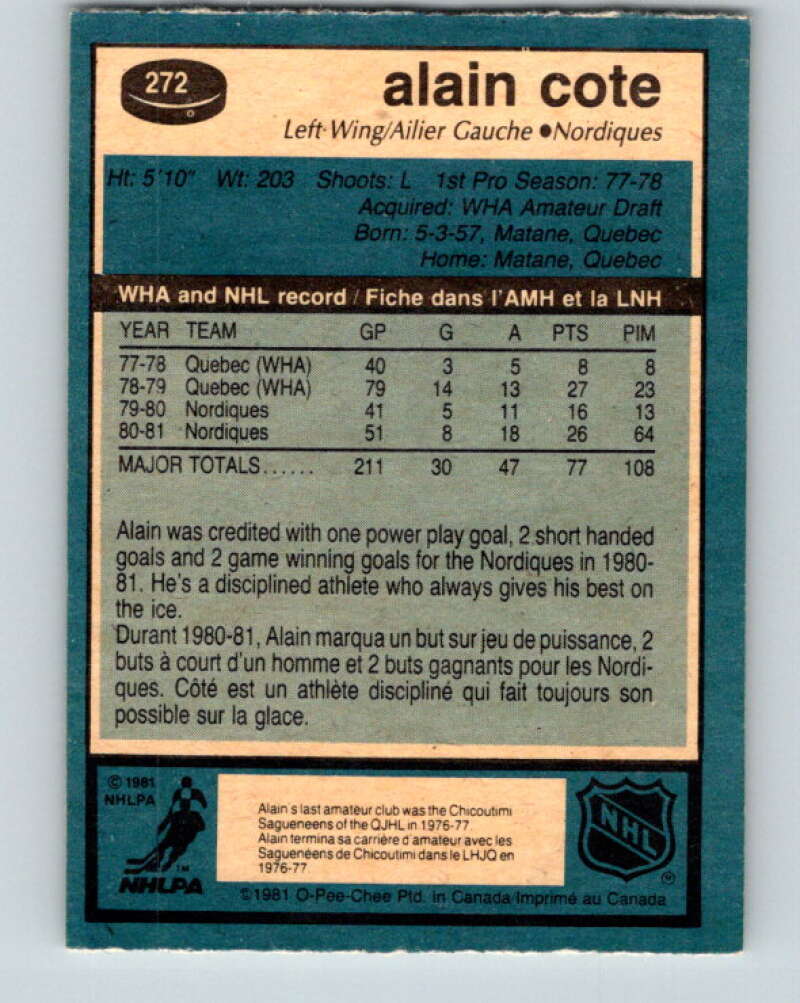 1981-82 O-Pee-Chee #272 Alain Cote Quebec Nordiques V31419