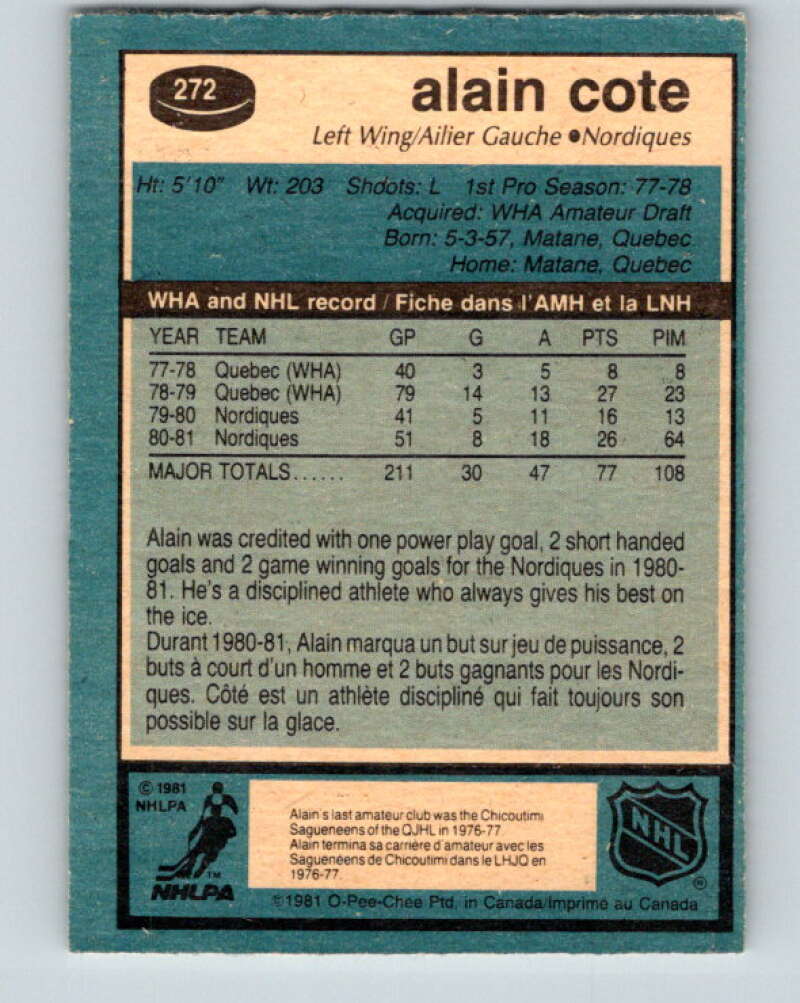 1981-82 O-Pee-Chee #272 Alain Cote Quebec Nordiques V31420